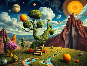 A picture in a surrealistic style (like a picture that Salvador dali could have made). Add an animal. It should include all the typical characteristics of a surrealistic picture (Salvador dali) like a Dream landscape etc.