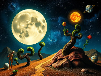 Crear una imagen surrealista, abstracta y mística, en formato cuadrado 1:1, inspirada en la conexión entre el universo, la energía, la suerte y las supersticiones positivas.  La escena debe sentirse como un sueño cósmico, poético y misterioso, no como una colección de objetos. Integrar símbolos tradicionalmente asociados con la buena suerte y la protección —herradura, trébol de cuatro hojas, ojo turco, luna creciente, estrellas, sol, fases lunares y pequeños amuletos— dentro de un universo imposible.  Los elementos deben aparecer flotando, deformándose o interactuando de manera surrealista, con escalas imposibles: una enorme luna atravesando una forma orgánica, un trébol flotando como si fuera un planeta, una herradura suspendida en el espacio, estrellas que parecen abrir portales y órbitas que se transforman en formas abstractas.  Evitar que los elementos se mezclen dentro de una galaxia o estela central. En cambio, crear espacios independientes y profundos, conectados visualmente mediante curvas, órbitas, transparencias, ondas y formas fluidas.  El universo debe ser abstracto: no representar una galaxia de manera literal. Utilizar nebulosas difusas, polvo cósmico, manchas de luz, transparencias, formas líquidas y geometrías celestiales.  Paleta sofisticada de azul petróleo, azul noche, negro azulado, verde profundo y pequeños acentos dorados, con algunos destellos cálidos. Texturas pictóricas, grano fino, transparencias y profundidad atmosférica.  Composición artística, elegante y contemporánea, con mucho espacio negativo y equilibrio visual. Los símbolos deben sentirse descubiertos dentro del universo, no colocados como íconos.  Estética: surrealismo cósmico, arte contemporáneo, dreamscape, misticismo elegante, collage abstracto, simbolismo, atmósfera onírica, composición editorial de alta gama, textura artística, iluminación cinematográfica.  Sin personas, sin texto, sin letras, sin números, sin marcos, sin apariencia de póster comercial, sin objetos alineados de forma convencional.