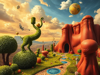 A picture in a surrealistic style (like a picture that Salvador dali could have made). Add an animal. It should include all the typical characteristics of a surrealistic picture (Salvador dali) like a Dream landscape etc.