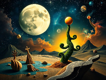 Crear una imagen surrealista, abstracta y mística, en formato cuadrado 1:1, inspirada en la conexión entre el universo, la energía, la suerte y las supersticiones positivas.  La escena debe sentirse como un sueño cósmico, poético y misterioso, no como una colección de objetos. Integrar símbolos tradicionalmente asociados con la buena suerte y la protección —herradura, trébol de cuatro hojas, ojo turco, luna creciente, estrellas, sol, fases lunares y pequeños amuletos— dentro de un universo imposible.  Los elementos deben aparecer flotando, deformándose o interactuando de manera surrealista, con escalas imposibles: una enorme luna atravesando una forma orgánica, un trébol flotando como si fuera un planeta, una herradura suspendida en el espacio, estrellas que parecen abrir portales y órbitas que se transforman en formas abstractas.  Evitar que los elementos se mezclen dentro de una galaxia o estela central. En cambio, crear espacios independientes y profundos, conectados visualmente mediante curvas, órbitas, transparencias, ondas y formas fluidas.  El universo debe ser abstracto: no representar una galaxia de manera literal. Utilizar nebulosas difusas, polvo cósmico, manchas de luz, transparencias, formas líquidas y geometrías celestiales.  Paleta sofisticada de azul petróleo, azul noche, negro azulado, verde profundo y pequeños acentos dorados, con algunos destellos cálidos. Texturas pictóricas, grano fino, transparencias y profundidad atmosférica.  Composición artística, elegante y contemporánea, con mucho espacio negativo y equilibrio visual. Los símbolos deben sentirse descubiertos dentro del universo, no colocados como íconos.  Estética: surrealismo cósmico, arte contemporáneo, dreamscape, misticismo elegante, collage abstracto, simbolismo, atmósfera onírica, composición editorial de alta gama, textura artística, iluminación cinematográfica.  Sin personas, sin texto, sin letras, sin números, sin marcos, sin apariencia de póster comercial, sin objetos alineados de forma convencional.