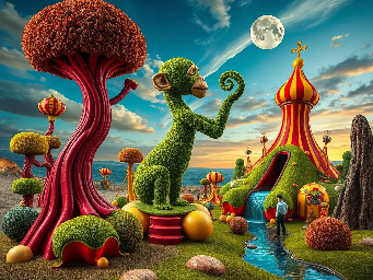 Create fantasy characters as surreal dreamscapes with Flux 1 Schnell. Bring melted forms, bold colors, and impossible shapes to life with surreal luxury and fantasy elegance embodying elements of funny satire “not my monkeys not my circus” a Tim Burton stylistic MadHatter Wonderland, Willie Wonkas dream of dimension in candyland dwellings & chocolate rivers